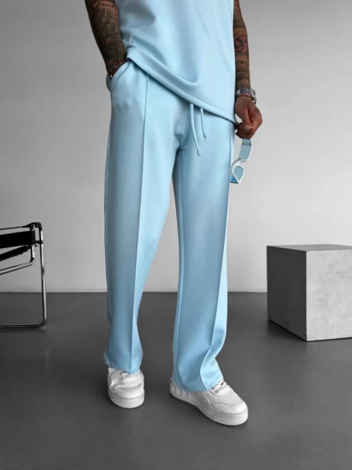 Men’s Casual Solid Color Pants – Elastic Waist Drawstring Trousers with Pleats and Pockets