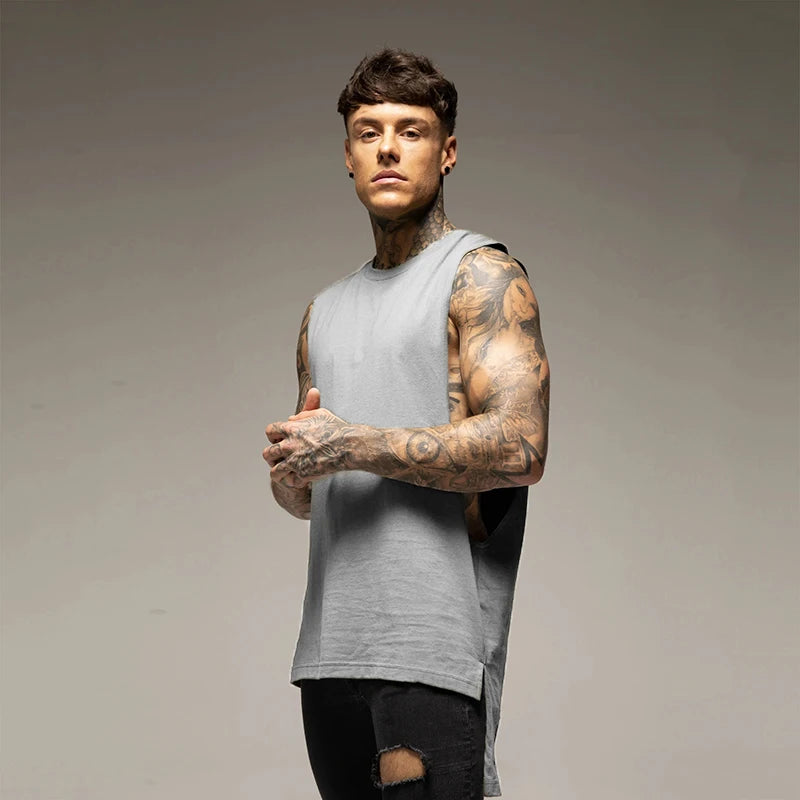 Men’s Longline Gym Tank Top Shirt – Cotton Sleeveless Workout Vest for Fitness, Training, and Hip Hop Style