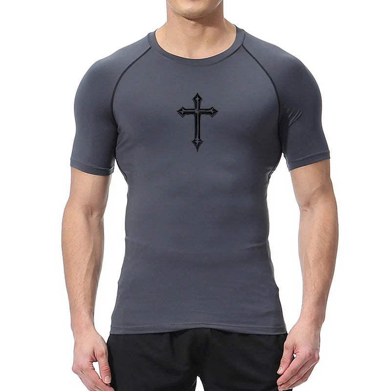 Men’s Cross Print Compression Shirt – Short/Long Sleeve Rash Guard Gym Top, Quick-Dry Base Layer – Hides Belly Fat & Gynecomastia