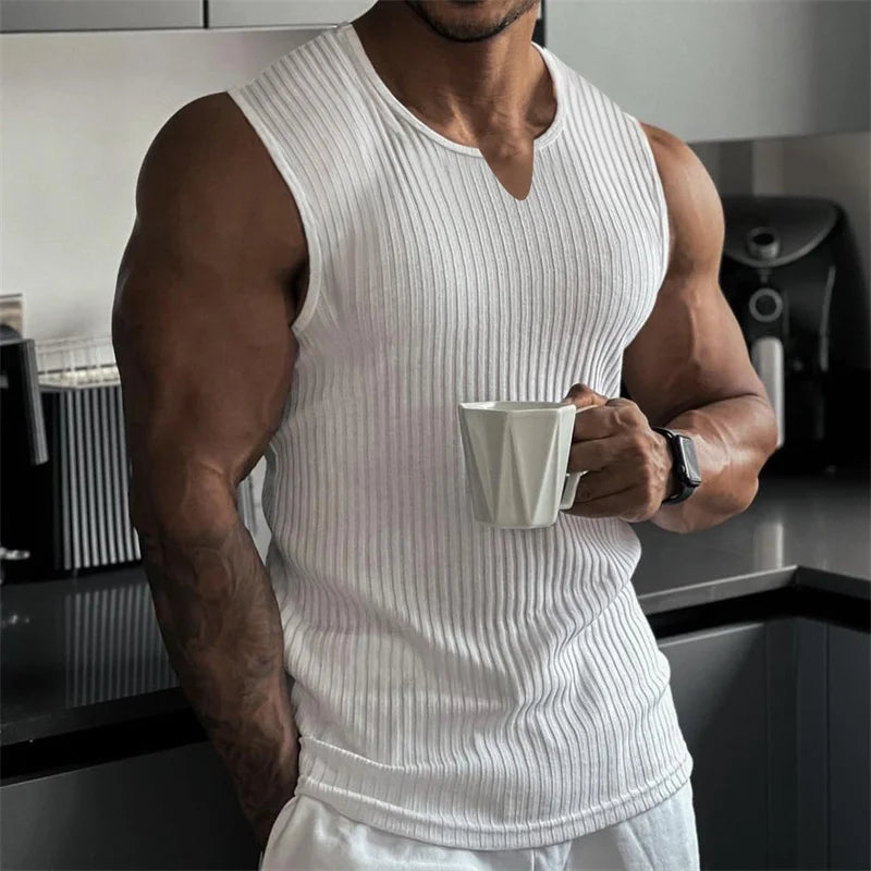 Men’s V-Neck Ribbed Tank Top Sleeveless Shirt – Fitness Muscle Vest Gym Training Sports Undershirt