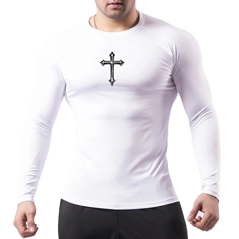 Men’s Cross Print Compression Shirt – Short/Long Sleeve Rash Guard Gym Top, Quick-Dry Base Layer – Hides Belly Fat & Gynecomastia