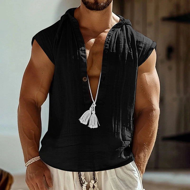 Men’s Casual Loose Hooded Linen Tank Top – Vintage Sleeveless Deep V-Neck Shirt for Beach, Travel & Leisure