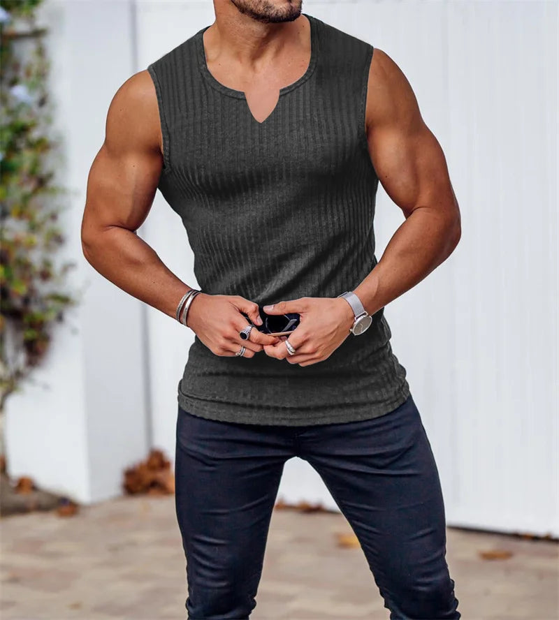 Men’s V-Neck Ribbed Tank Top Sleeveless Shirt – Fitness Muscle Vest Gym Training Sports Undershirt