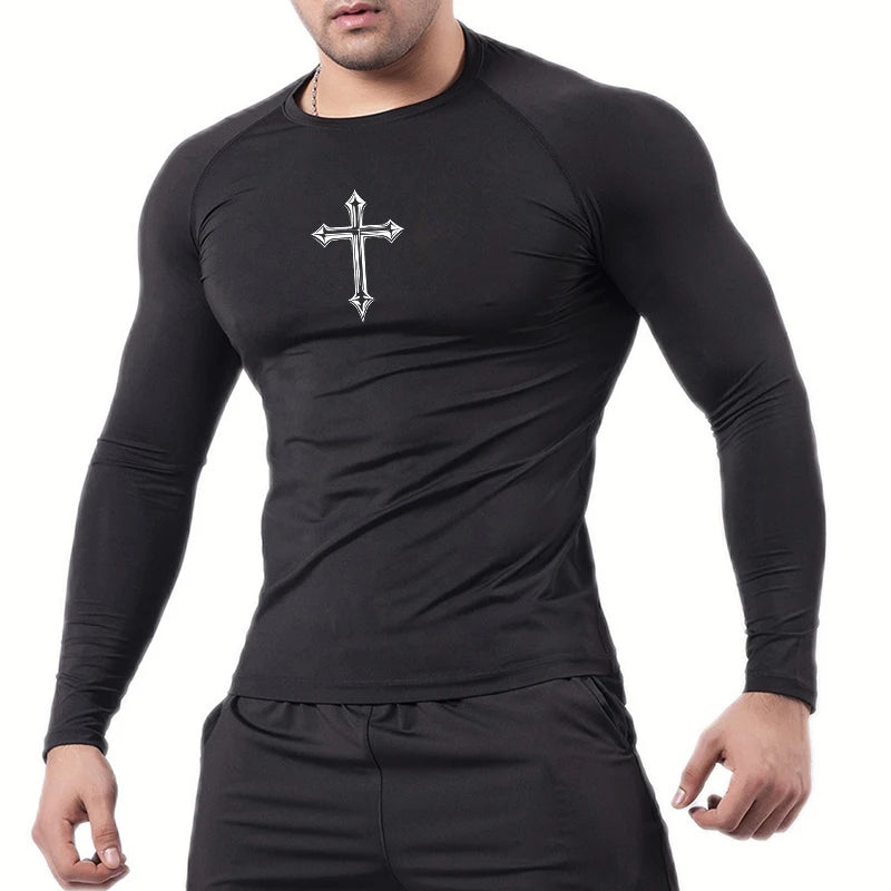 Men’s Cross Print Compression Shirt – Short/Long Sleeve Rash Guard Gym Top, Quick-Dry Base Layer – Hides Belly Fat & Gynecomastia