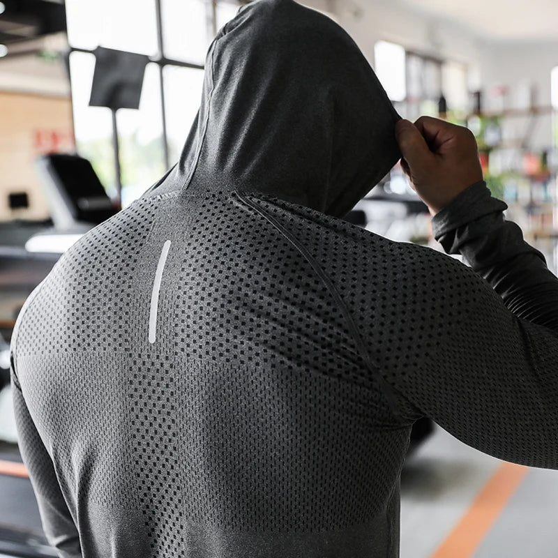 Men’s Long Sleeve Performance Hoodie with Drawstring – Breathable Slim Fit Training Top for Gym, Running & Outdoor Workouts