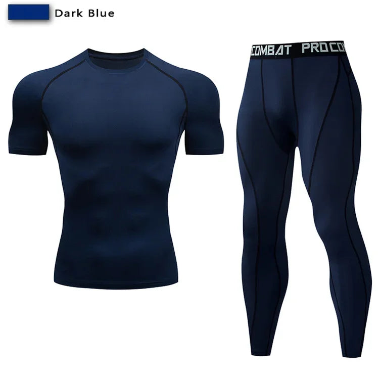 2PCS Men’s Compression Workout Set – Short & Long Sleeve Gym Shirt + Leggings | Quick Dry Fitness Clothes | Athletic Training Sportswear for Running, Yoga, MMA, Bodybuilding