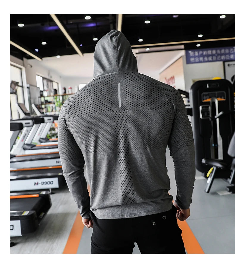 Men’s Long Sleeve Performance Hoodie with Drawstring – Breathable Slim Fit Training Top for Gym, Running & Outdoor Workouts