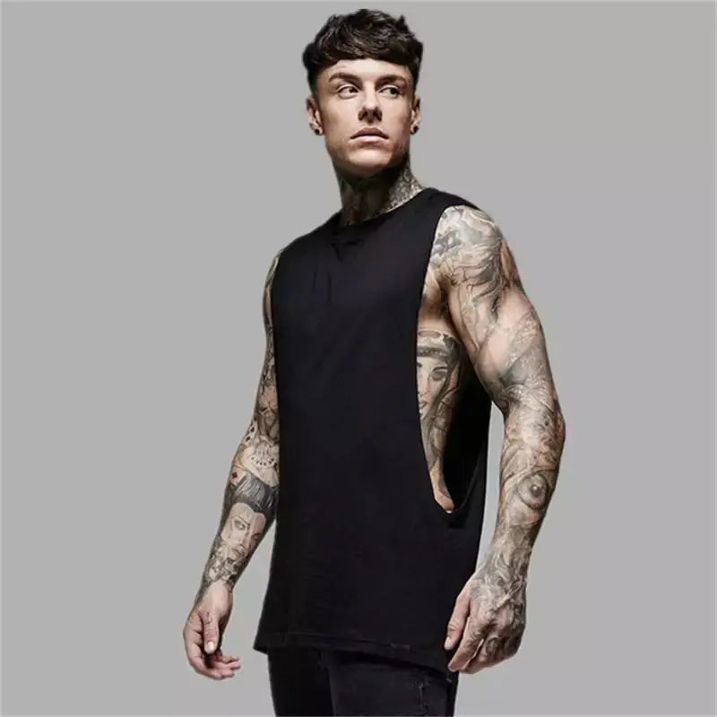 Men’s Longline Gym Tank Top Shirt – Cotton Sleeveless Workout Vest for Fitness, Training, and Hip Hop Style
