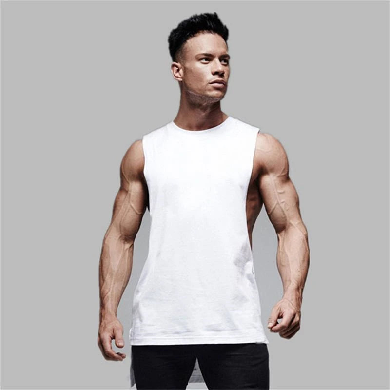 Men’s Longline Gym Tank Top Shirt – Cotton Sleeveless Workout Vest for Fitness, Training, and Hip Hop Style