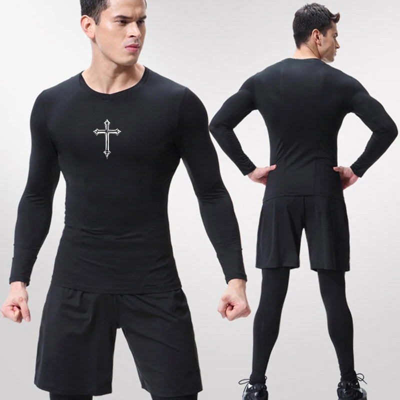 Men’s Cross Print Compression Shirt – Short/Long Sleeve Rash Guard Gym Top, Quick-Dry Base Layer – Hides Belly Fat & Gynecomastia