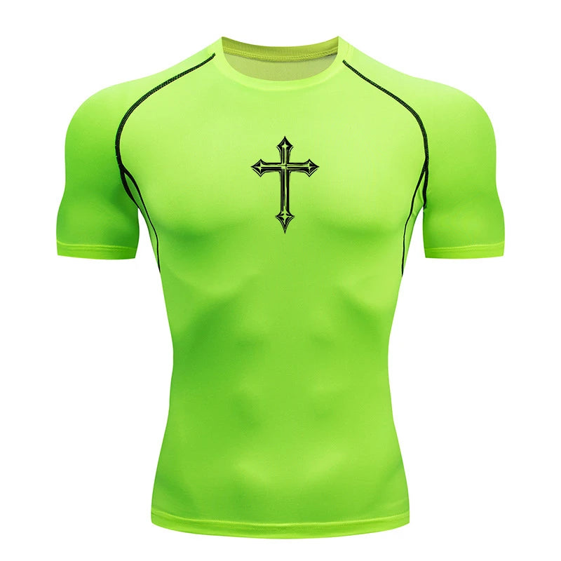 Men’s Cross Print Compression Shirt – Short/Long Sleeve Rash Guard Gym Top, Quick-Dry Base Layer – Hides Belly Fat & Gynecomastia