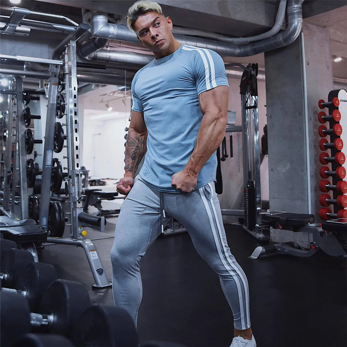 Men’s Athletic Slim Fit Gym T-Shirt – Short Sleeve Cotton Training Top with Sport Stripe Design