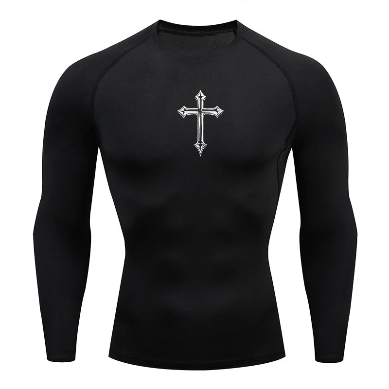 Men’s Cross Print Compression Shirt – Short/Long Sleeve Rash Guard Gym Top, Quick-Dry Base Layer – Hides Belly Fat & Gynecomastia