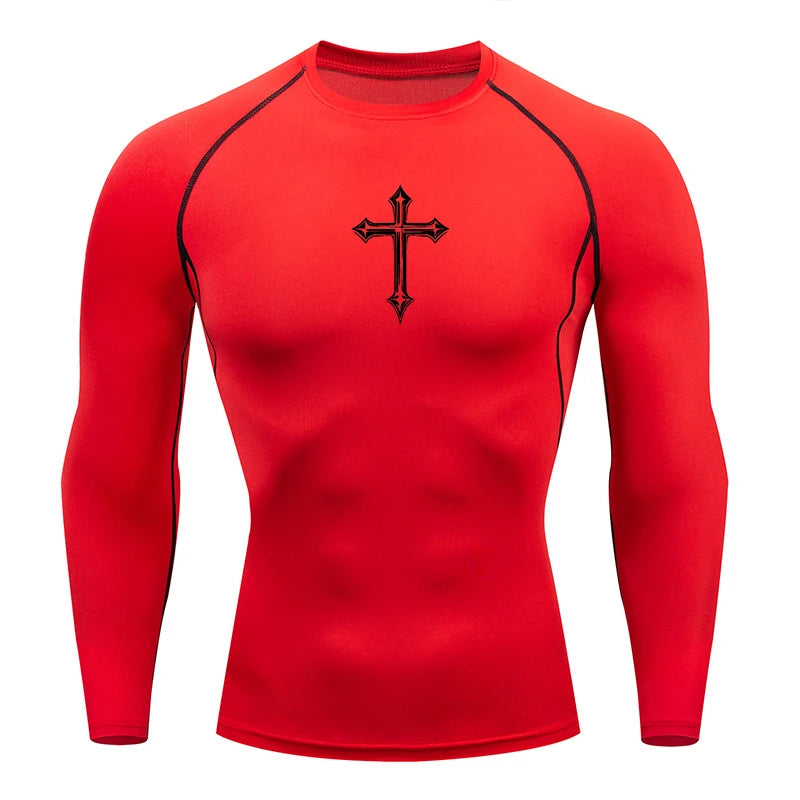 Men’s Cross Print Compression Shirt – Short/Long Sleeve Rash Guard Gym Top, Quick-Dry Base Layer – Hides Belly Fat & Gynecomastia