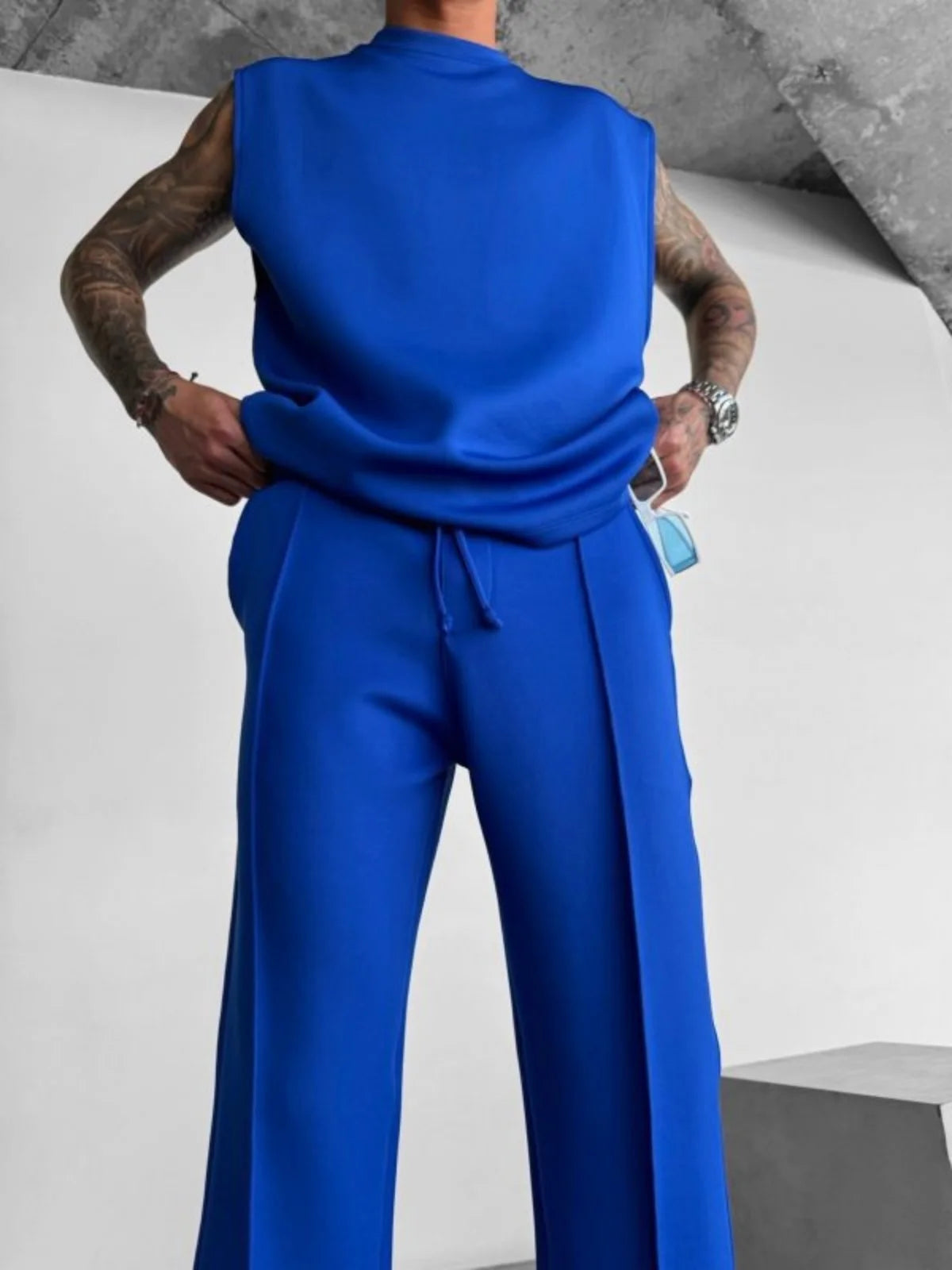 Men’s Casual Solid Color Pants – Elastic Waist Drawstring Trousers with Pleats and Pockets