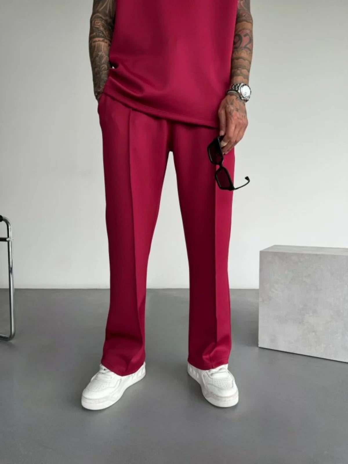 Men’s Casual Solid Color Pants – Elastic Waist Drawstring Trousers with Pleats and Pockets