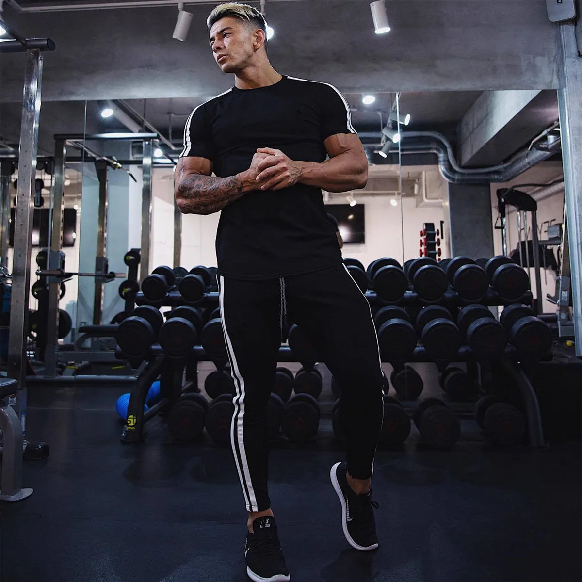 Men’s Athletic Slim Fit Gym T-Shirt – Short Sleeve Cotton Training Top with Sport Stripe Design