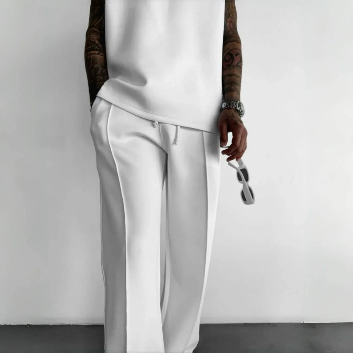 Men’s Casual Solid Color Pants – Elastic Waist Drawstring Trousers with Pleats and Pockets
