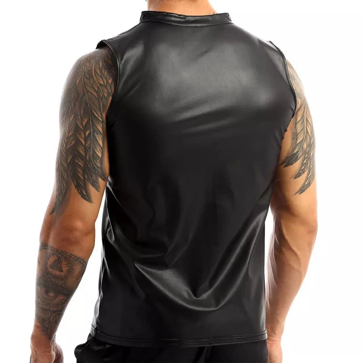 Men’s PU Leather Sleeveless Shirt – Zipper Front Biker Vest for Fashion, Streetwear, and Night Out