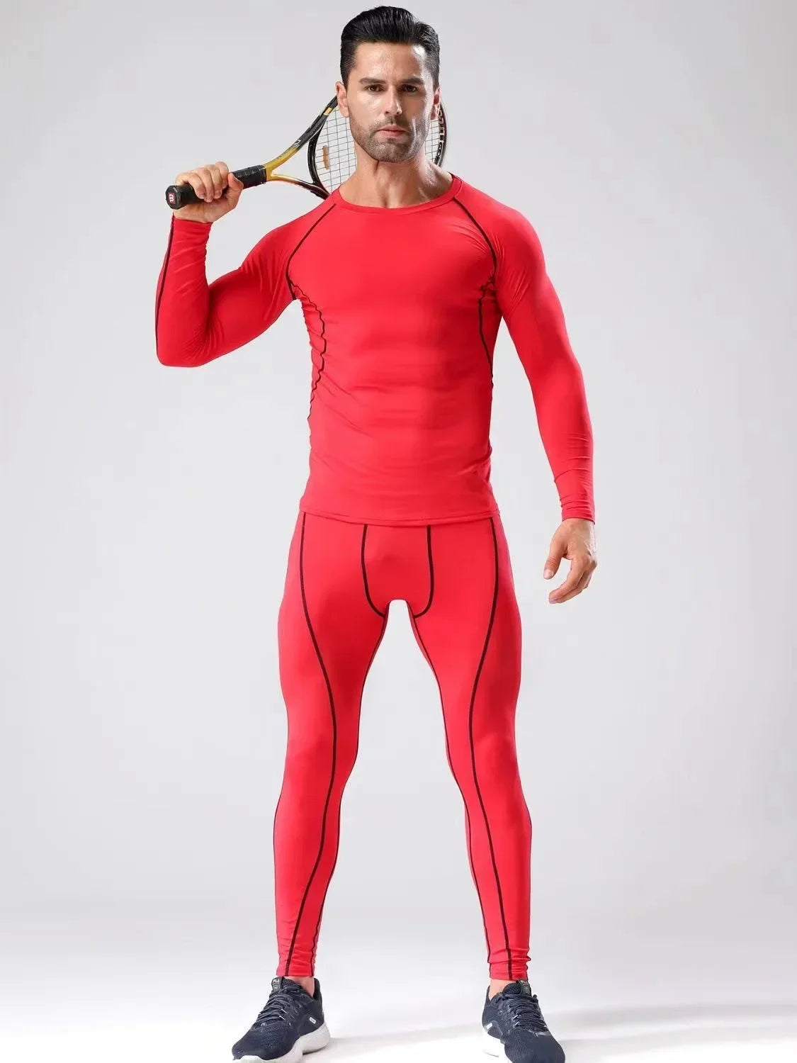 2PCS Men’s Compression Workout Set – Short & Long Sleeve Gym Shirt + Leggings | Quick Dry Fitness Clothes | Athletic Training Sportswear for Running, Yoga, MMA, Bodybuilding