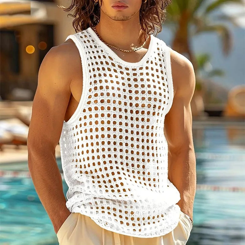 Men’s Hollow Out Mesh Tank Top – Sleeveless Casual Mesh Vest Shirt for Streetwear and Layering