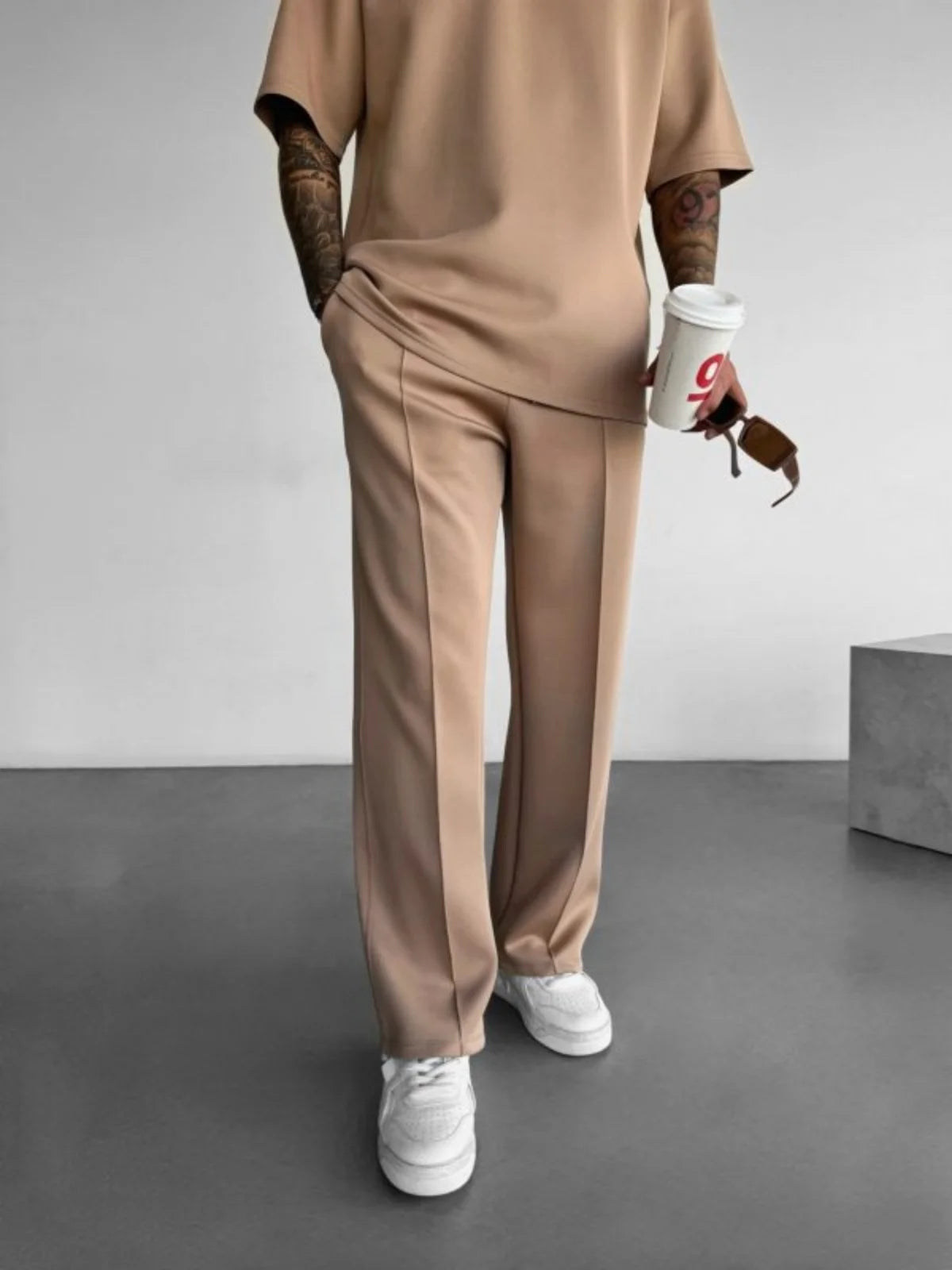Men’s Casual Solid Color Pants – Elastic Waist Drawstring Trousers with Pleats and Pockets