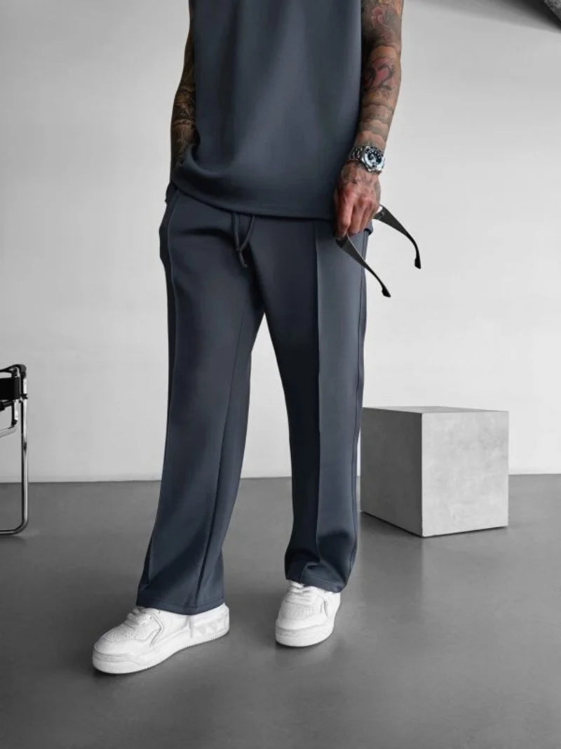 Men’s Casual Solid Color Pants – Elastic Waist Drawstring Trousers with Pleats and Pockets