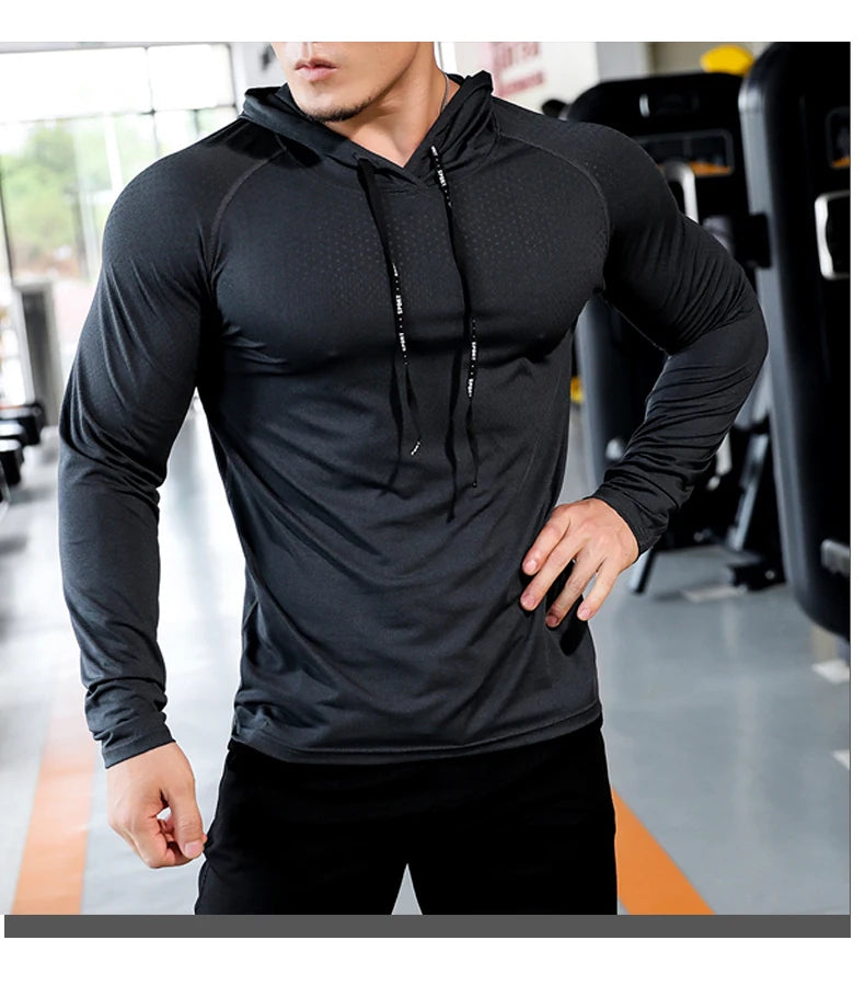Men’s Long Sleeve Performance Hoodie with Drawstring – Breathable Slim Fit Training Top for Gym, Running & Outdoor Workouts