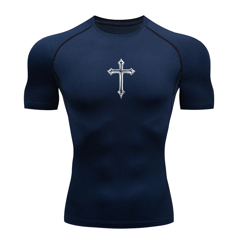 Men’s Cross Print Compression Shirt – Short/Long Sleeve Rash Guard Gym Top, Quick-Dry Base Layer – Hides Belly Fat & Gynecomastia
