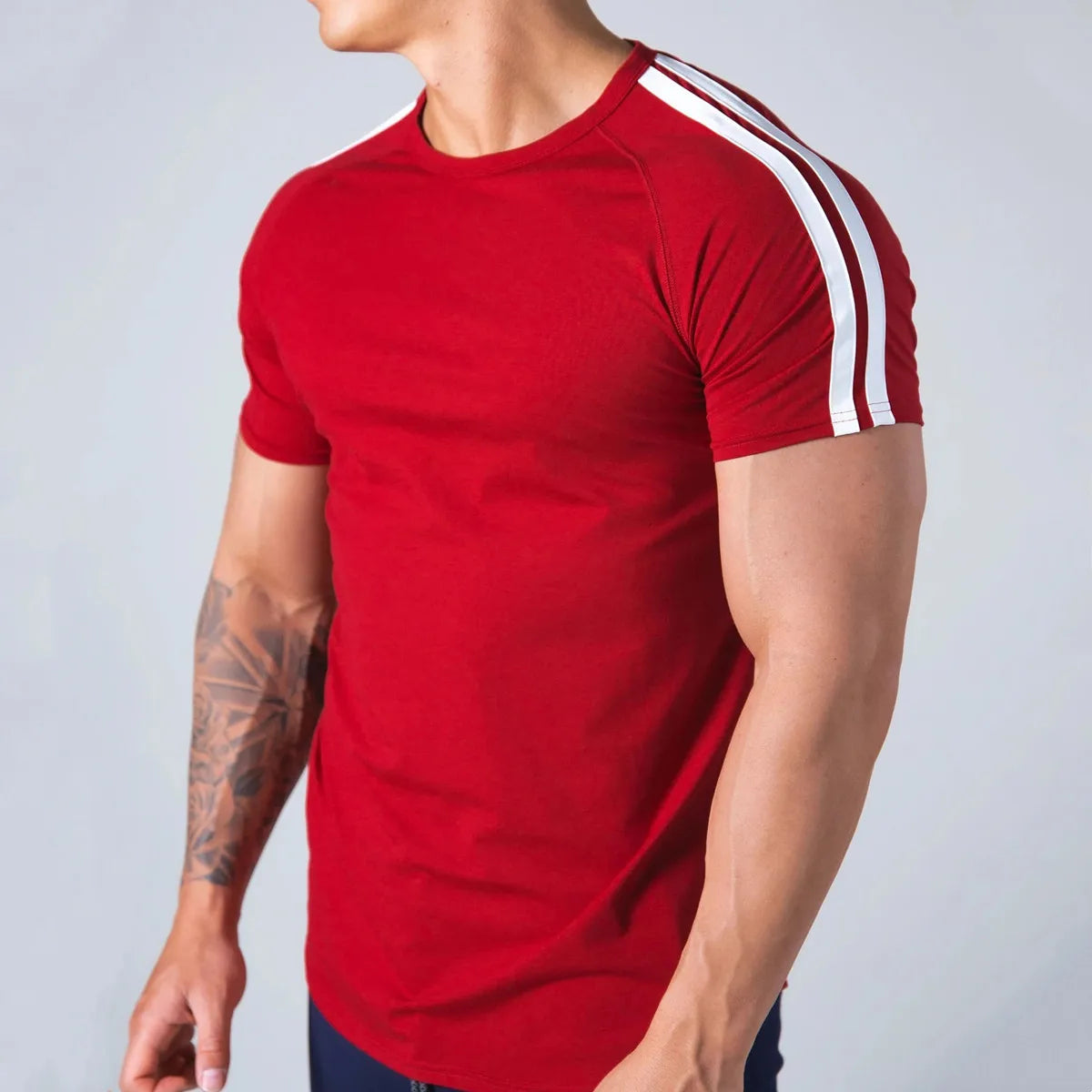 Men’s Athletic Slim Fit Gym T-Shirt – Short Sleeve Cotton Training Top with Sport Stripe Design