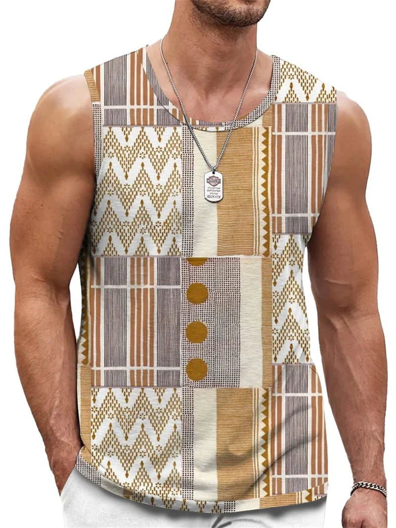 Men’s Retro Geometric Tank Top – Casual Sleeveless 3D Print Vest, Quick-Dry & Breathable Loose Fit Pullover