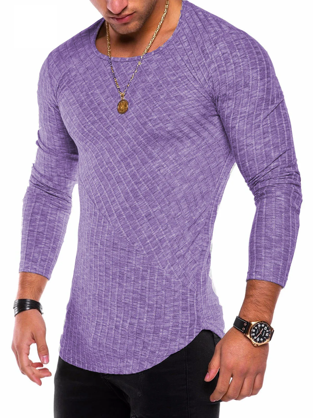 Men’s Slim Fit Ribbed Long Sleeve T-Shirt – Curved Hem, Crew Neck, Lightweight Knit Top