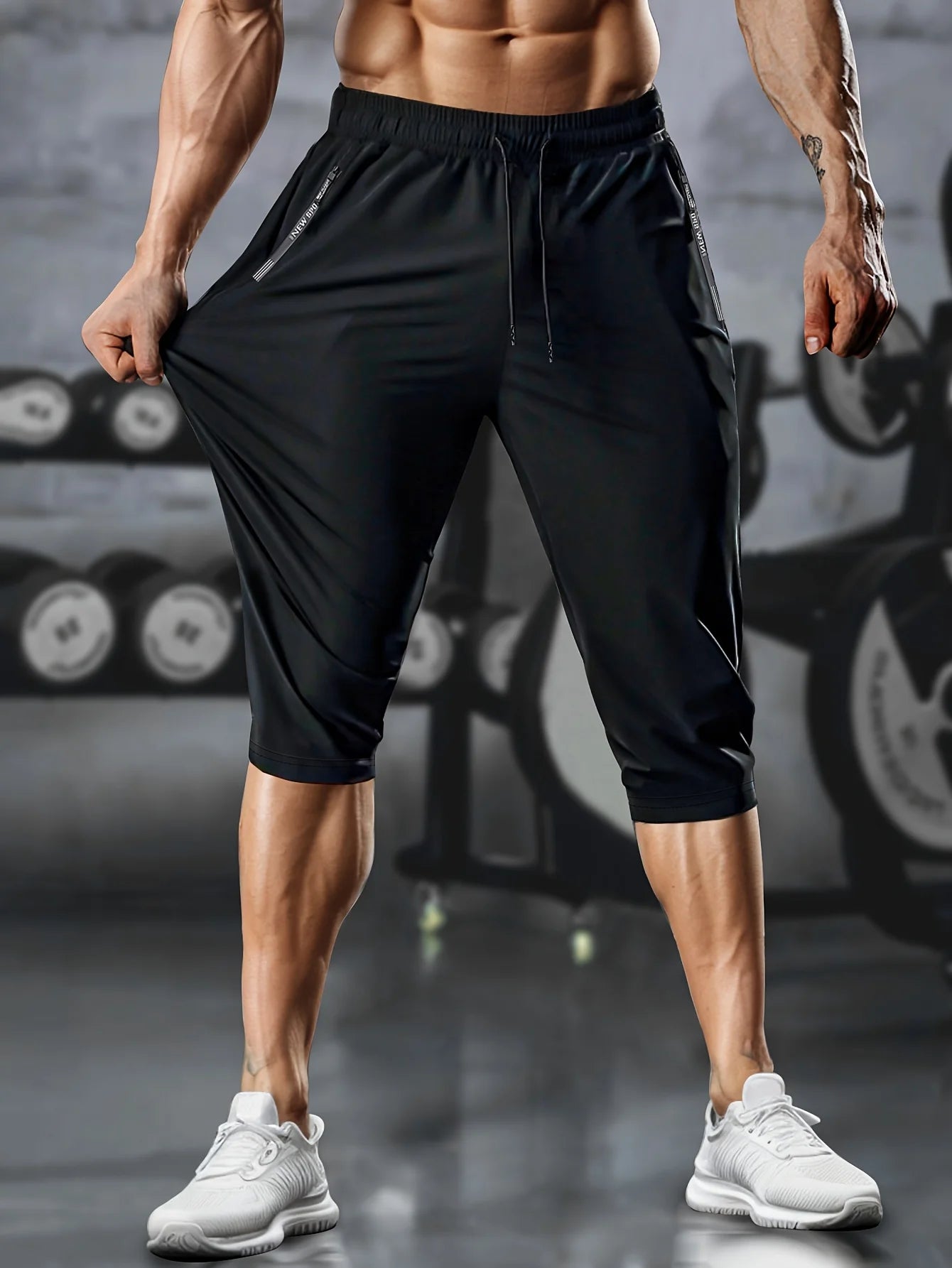 Men’s Lightweight Cropped Athletic Pants – Quick-Dry Training Shorts with Drawstring & Zipper Pockets