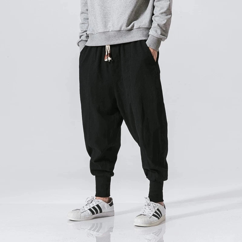 Men’s Cotton Linen Harem Pants – Baggy Drop-Crotch Trousers with Elastic Waist