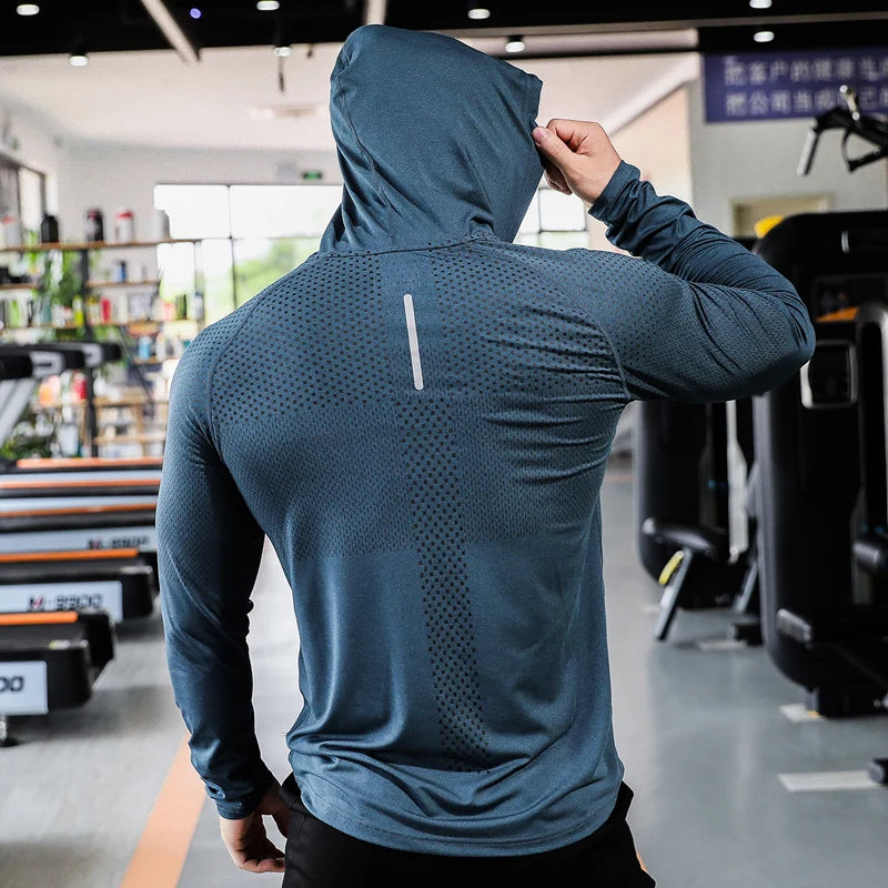 Men’s Long Sleeve Performance Hoodie with Drawstring – Breathable Slim Fit Training Top for Gym, Running & Outdoor Workouts