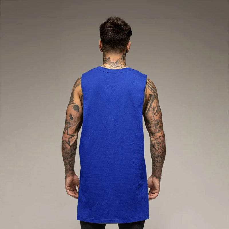 Men’s Longline Gym Tank Top Shirt – Cotton Sleeveless Workout Vest for Fitness, Training, and Hip Hop Style