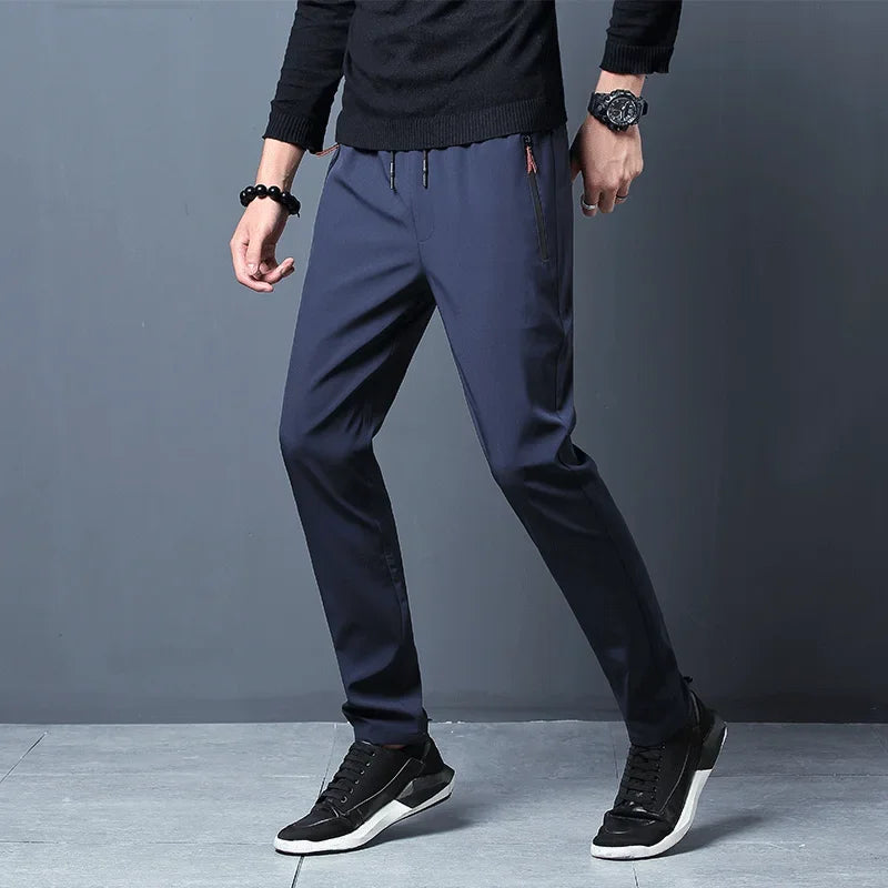 Men’s Slim Fit Casual Pants – Elastic Waist Joggers with Zipper Pockets, Straight Leg Trousers