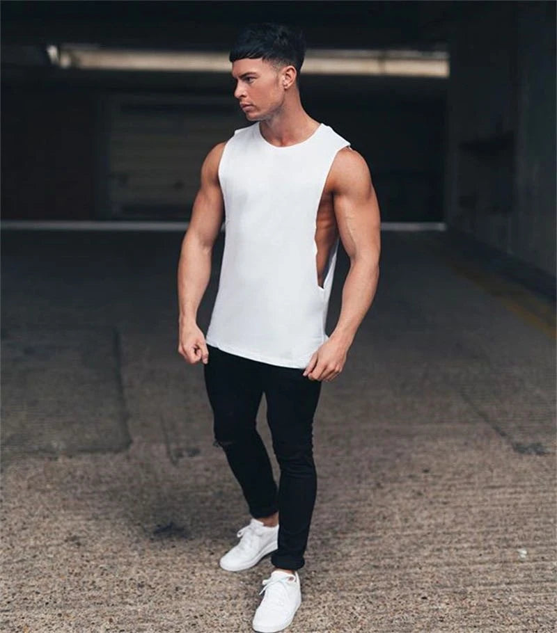 Men’s Longline Gym Tank Top Shirt – Cotton Sleeveless Workout Vest for Fitness, Training, and Hip Hop Style