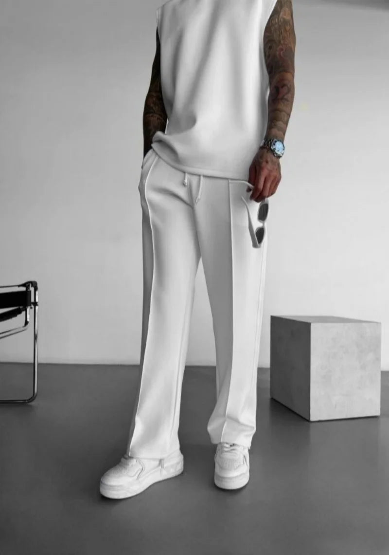 Men’s Casual Solid Color Pants – Elastic Waist Drawstring Trousers with Pleats and Pockets