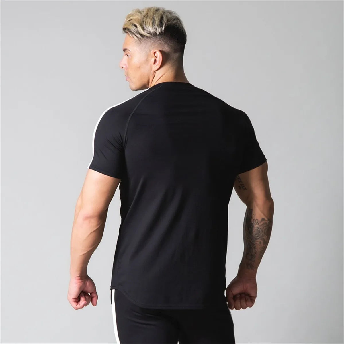 Men’s Athletic Slim Fit Gym T-Shirt – Short Sleeve Cotton Training Top with Sport Stripe Design