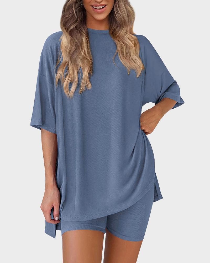 Casual Oversized 2-Piece Lounge Set with Crewneck & Split Hem 0