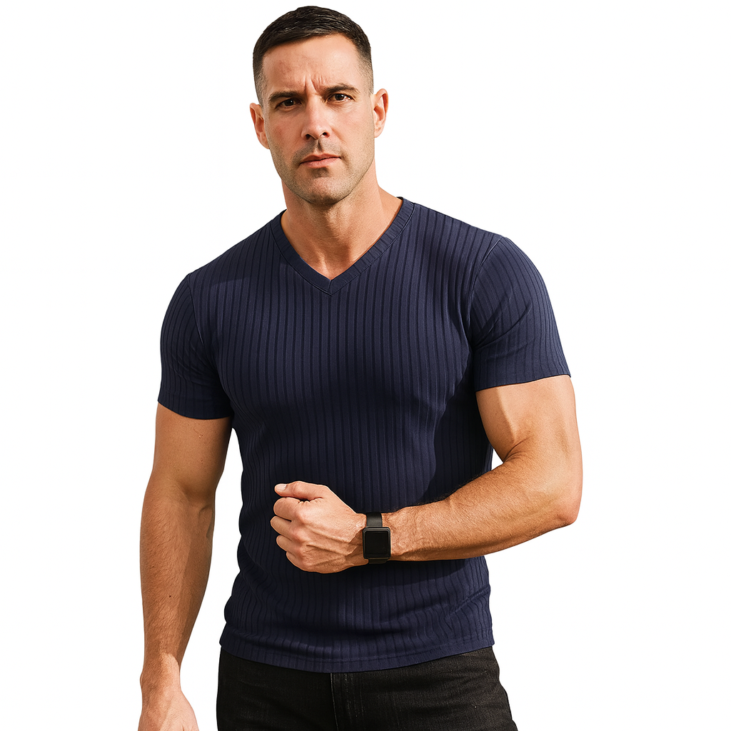 Men’s Ribbed V-Neck Muscle T-Shirt – Short Sleeve Slim Fit Stretch Tee for Bodybuilding, Training & Casual Wear