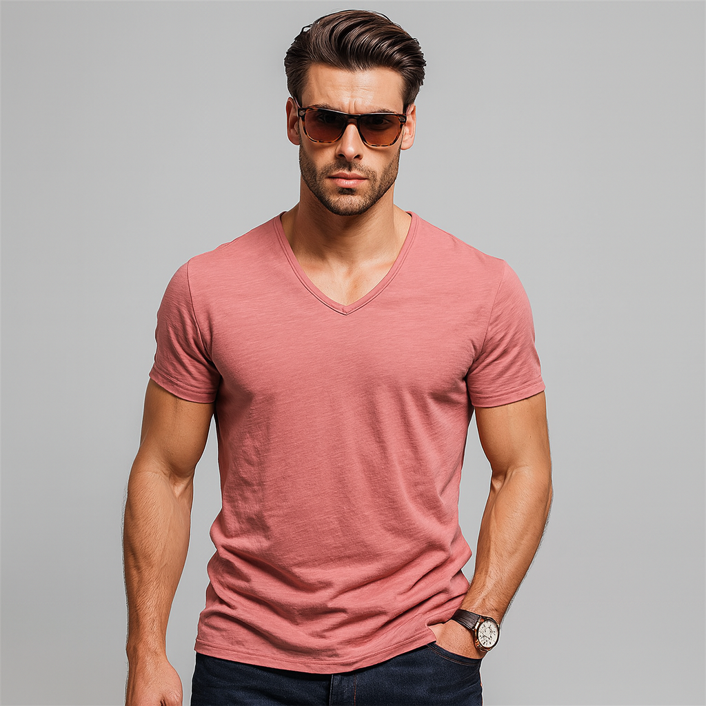 Men’s 100% Cotton Slim Fit V-Neck T-Shirt – Casual Short Sleeve Top for Everyday, Streetwear, and Layering
