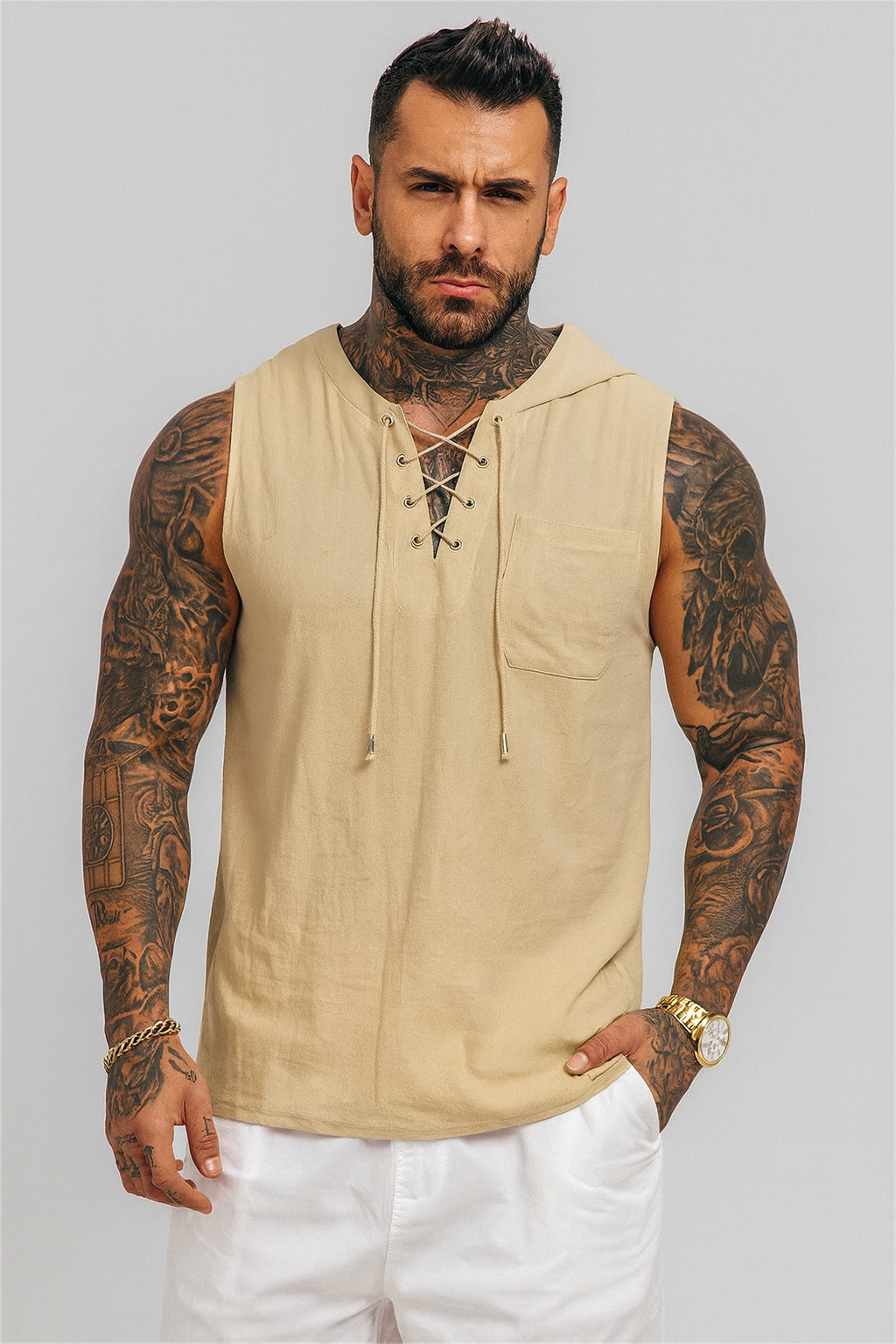 Men’s Sleeveless Cotton Linen Lace-Up Shirt – Casual Loose Fit Retro V-Neck Tank Top