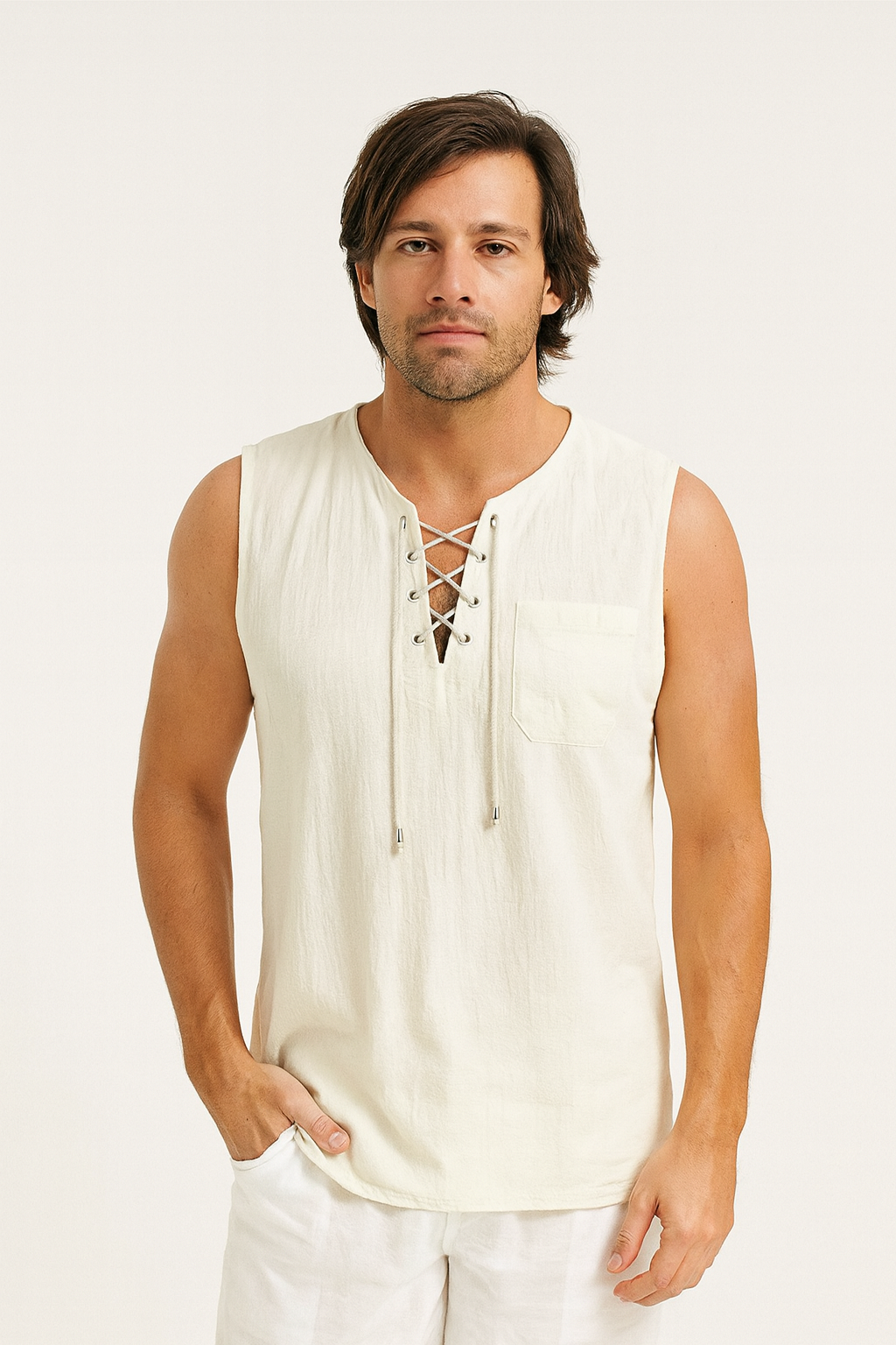 Men’s Sleeveless Cotton Linen Lace-Up Shirt – Casual Loose Fit Retro V-Neck Tank Top