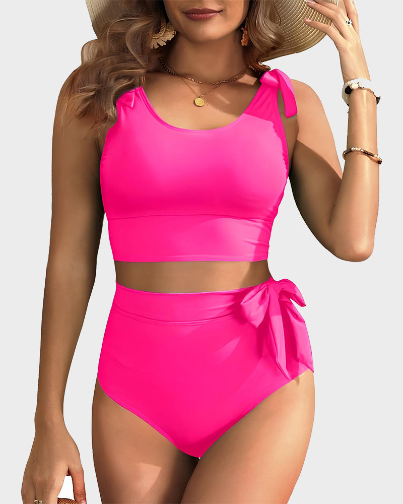 Double Tie Shoulder High Waist Tummy Control Bikini Set 0