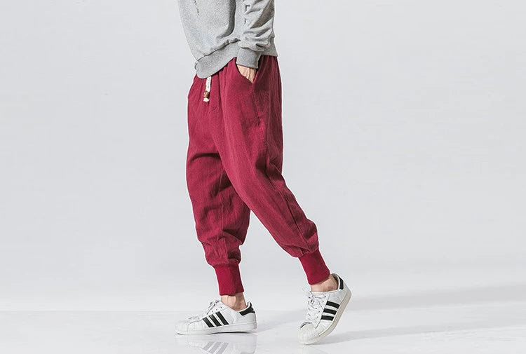Men’s Cotton Linen Harem Pants – Baggy Drop-Crotch Trousers with Elastic Waist