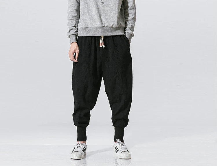 Men’s Cotton Linen Harem Pants – Baggy Drop-Crotch Trousers with Elastic Waist