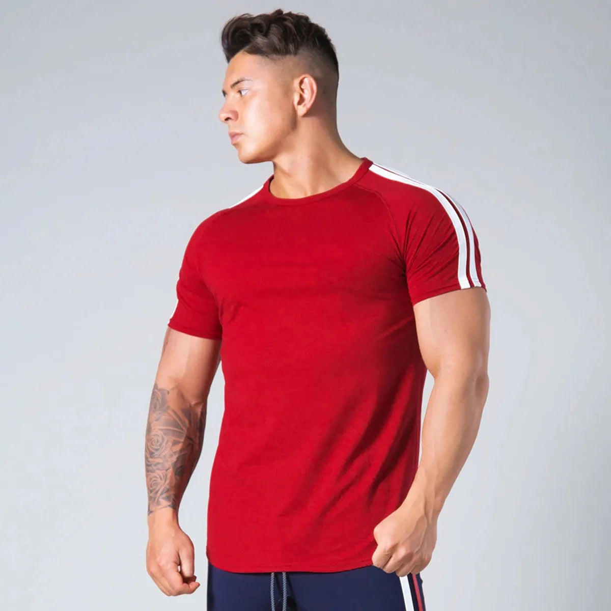Men’s Athletic Slim Fit Gym T-Shirt – Short Sleeve Cotton Training Top with Sport Stripe Design