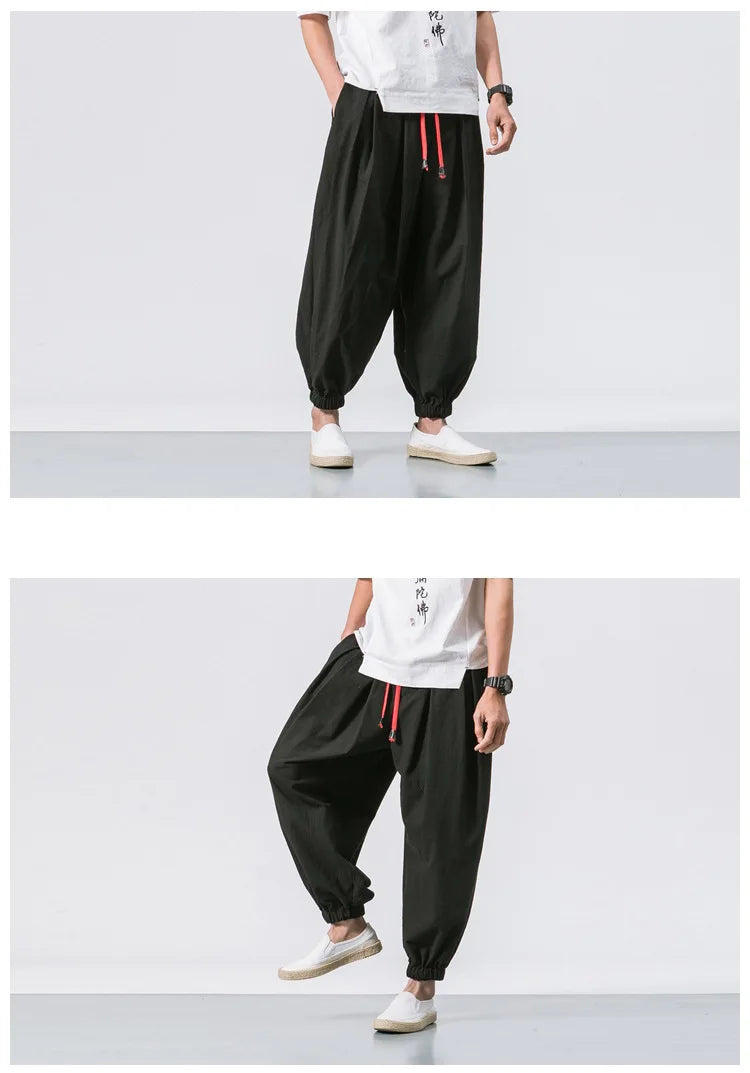 Men’s Oversized Cotton Linen Harem Pants – Loose Fit Chinese Style Casual Trousers